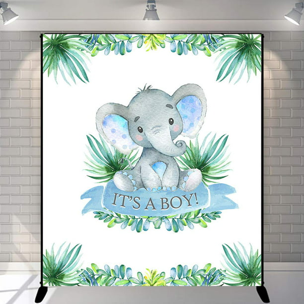 7x5ft Its a Boy Baby Shower Backdrop Cute Calf Elephant with Blue Garland Girl or Boy Gender Reveal Light Green Striped Background for Photography Photo Studio Props Vinyl 